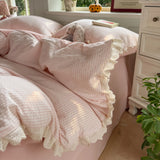 Korean Pink Bedding Set Coquette Aesthetic Duvet Cover Set Soft Pastel Muted Tone Single Size Double Bed Sheet Set For Bedroom