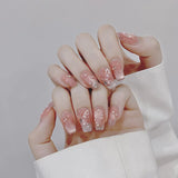10pcs Handmade Pink Gradient Cat's Eye Fake Nails With Pearl Diamond Decor Butterfly Charming False Nails Press On Acyrlic Nails