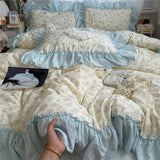 Korean Princess Style Floral Ruffles Bedding Set Washed Cotton Duvet Cover Bed Sheet Pillowcases Single Full Queen Size 3/4Pcs