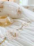 4/6Pcs Vintage French Pleated Pastoral Style Lace Ruffles Embroidery Bedding Set Duvet Cover Set Bedspread Bed Skirt Pillowcases