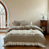 Vintage French Floral Pleated Lace Bedding Set Double Layer Crepe Yarn Pure Cotton Duvet Cover Flat/Fitted Bed Sheet Pillowcases