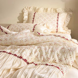 Premium Washed Cotton Bedding Sets Luxury Princess 100% Cotton Bed Set Organza Lace Sequins Duvet Cover Bed Sheet Pillowcases