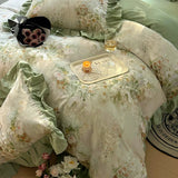 Korean Style Bedding Set 100% Cotton Green Flowers Printed Princess Duvet Cover Sets Fitted Bed Sheet Pillowcases Home Textile