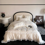 1000TC Egyptian Cotton Flower Embroidery Lace Ruffles Pink Bedding Set Duvet Cover Set Flat/Fitted Bed Sheet Pillowcases 4Pcs
