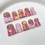 10pcs Ocean Style Fake Nails Duck Bill Press on Nails Set Handmade 3D Flowers Pearl Nail Art Gradient Blush French False Nails