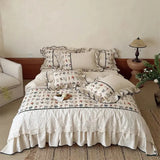 Vintage Floral Embroidery Cotton Linen Blend Bedding Set Ruffle Lace Edge Duvet Cover Flat/Fitted Bed Sheet Pillowcases 4Pcs
