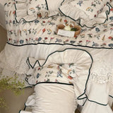 Vintage Floral Embroidery Cotton Linen Blend Bedding Set Ruffle Lace Edge Duvet Cover Flat/Fitted Bed Sheet Pillowcases 4Pcs