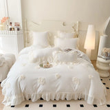 4Pcs French Princess Style Three-Dimensional Rose Flowers White Ruffle 2-Person Cotton Bed Linen Four-Season Pink Bedding Set