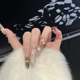 10pcs French Bowknot Fake Nails Glitter Diamond Stick on Nails Long Stiletto False Nails Mini Flowers Nail Tip Cat Eye Nail Art