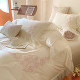 4Pcs Flowers Embroidery Lace Ruffles Princess Wedding Bedding Set Egyptian Cotton Duvet Cover Bed Sheet/Fitted Sheet Pillowcases