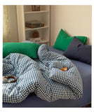 Retro Blue Cotton Quilt Cover Set Waed Plaid Bedding Four-Piece Set Pure Cotton eet Duvet Cover Bedding Accories