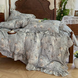 Vintage Oil Painting Style Flowers Ruffles Bedding Set Double Layer Yarn 100% Cotton Duvet Cover Flat/Fitted Sheet Pillowcases
