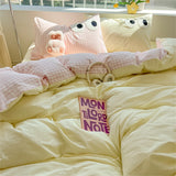 Cute Big Eyed Four Piece Set Plaid Duvet Cover Set With Sheet Bedroom Decor Skin Friendly Single Double Bedding Set Home Textile