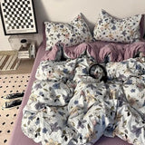 Korean Style Ins Retro Fresh Floral Washed Cotton Bed Four Piece Duvet Set, Student Dormitory Bed Sheet Three Piece Set