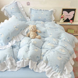 French Princess Lace Ruffles Bedding Set Washed Cotton Skin-friendly Duvet Cover Set with Sheet Soft Printed Flowers Quilt Cover