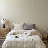100% Cotton Wrinkled Yarn Flower Embroidery Bedding Set Single Queen King Size Duvet Cover Flat/Fitted Sheet Lace-Up Pillowcases