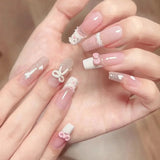 24Pcs Sweetheart Gradient Pink Pattern Design False Nail French Coffin Full Cover Fake Nails Glue DIY Manicure Nail Art Tools