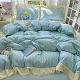 Striped Ruffles Duvets Cover Sets Single/Queen Size Bed Cover Set Skin-friendly Soft funda nordica 150 cama Blue Color
