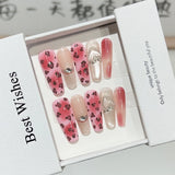 Sweet Handmade Press on Nails Long Coffin Heart Rhinestone Leopard Print Pink French Fake Nail Wearable Full Cover Nail Tips
