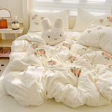 3/4Pcs Washed Cotton Skin-friendly Soft Princess Rose Towel Embroidery Flowers Bedding Set Soft Duvet Cover Bed Sheet Pillowcase