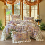100% Cotton Double-layer yarn Bedding Set Vintage Chic Flowers Wide Chiffon Ruffle Edge Duvet cover Bed Sheet Pillowcases 4Pcs