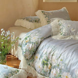 Flower Prints Ruffles Summer Cool Feeling Bedding Set 800TC Lyocell Soft Silky Duvet Cover Flat/Fitted Bed Sheet Pillowcase 4Pcs