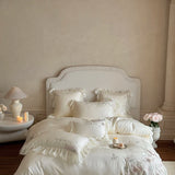 Flowers Embroidery Lace Ruffles Wedding Bedding Set Lyocell Silky Cooling Duvet Cover Set Flat/Fitted Bed Sheet Pillowcases 4Pcs