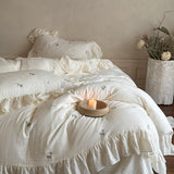 Embroidery Ruffles Princess Bedding Set Double Layer Crepe Yarn Pure Cotton Soft Duvet Cover Flat/Fitted Bed Sheet Pillowcases
