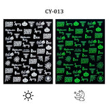 3D Luminous Nail Stickers Decals Black White Spider Web Skull Alien Planet Glow In The Dark Halloween Manicure Foils Tattoo Tips