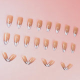 24Pcs Mid-length French Fake Nail with Silver Edge Design Round Head Almond False Nail Wearable Simple Finished Press on Nails