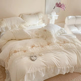Korean Princess Style Lace Ruffles Wedding Bedding Set Soft Rose Flowers Four-Piece Set Duvet Cover Bed Sheet Pillowcase 4Pcs