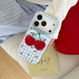 Ins Simple Cute Magnetic Cherry Lattice Pattern Blue Case with Heart Bracket for iPhone 17 16 15 Pro Max Shockproof Back Cover