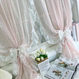 French Princess Lace Tulle Curtains For Bedroom, Striped Floral Pink Lace Sheer Curtains For living Room, Home Window Decoration