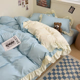 Ins Princess Bedding Set New Duvet Cover Fresh Blue Solid Color Floral Wrinkled Yann Bed Set Of Four Pieces Bed Sheets