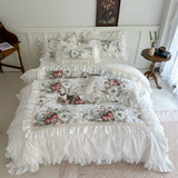 Egyptian Cotton Flowers Printng Bedding Set Luxury Pink Princess Lace Quilt Pillowcases Home Textile