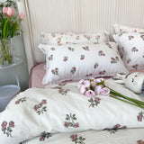 Princess Floral Bedding Set Lace Romantic Rose Flat Fitted Sheet With Orange Pillowcases Soft Polyester Full Size For Women Girl