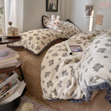 Ikeehome  Dr Flower Record Milk Fuzz Coral Fce Four Piece Set Girl Sle Warmth Bedding Cover Winter Cozy French Sle Bedding
