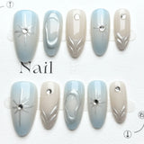 24pcs Oval Press on Nails Tips Spring Summer Aurora Rhinestone Full Cover Nail Sets Blue Cat's Eye False Nail Wearable Fake Nail