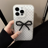 Ins Korean Polka Dot 3D Black Bead Bowknot Phone Case for iPhone 16 15 14 13 12 Pro Max Translucent Matte Back Cover Funda