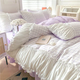 Korean Style Princess Bedding Set Luxury Pink Lattice Duvet Cover Ruffles Lace Bedspread Bed Sheet Pillowcases
