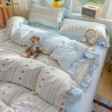 3/4Pcs Bedding Set Korean Princess Ruffle Cute And Whimsical Plaid Cat Cartoon Style Bed Sheets Kawaii Linen 2 Bedroom Cotton