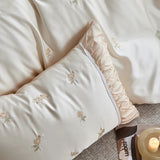 Flowers Embroidery Pleated Wide Edge Bedding Set Lyocell Soft Silky Cooling Duvet Cover Flat/Fitted Bed Sheet Pillowcases 4Pcs