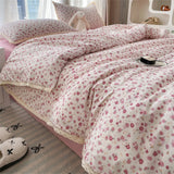 INS Girls Cherry Soft Bedding Set Washed Cotton Bed Sheet Queen King Size Duvet Set Flower Comforter Set Pillowcase Bed Linens