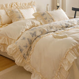 Egyptian Cotton Butterfly Embroidery Ruffles Princess Bedding Set Duvet Cover Flat/Fitted Bed Sheet Pillowcases 4Pcs