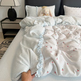 Korean Pink Gingham Bedding Sets With Cherry Cute Girls Striped Duvet Cover Wash Cotton Soft Bed Sheet Set Quilt Cover