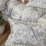 Natural Cotton Linen Butterfly Flowers Prints Lace Bedding Set Queen King Size Duvet Cover Flat/Fitted Sheet Pillowcases 4Pcs