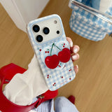 Ins Simple Cute Magnetic Cherry Lattice Pattern Blue Case with Heart Bracket for iPhone 17 16 15 Pro Max Shockproof Back Cover