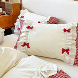 100% Cotton Korean Princess Style Bow Plaid Lace Ruffles Patchwork Bedding Set Duvet Cover Set Bed Skirt Bedspread Pillowcases