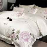 White Egyptian Cotton Bedding Set Luxury Flowers Embroidery Duvet Cover Sets Fitted Bed Sheets Pillowcases Home Textiles