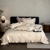 Luxury Egyptian Cotton Flowers Jacquard Bedding Set Vintage Ruffle Duvet Cover Black Piping, Bed Sheet/Fitted Sheet Pillowcases